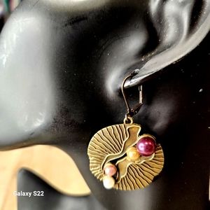 Bronze Sand Dollar Faux Pearl Dangle Earrings Lg Ethnic Boho Shell Earrings NWT